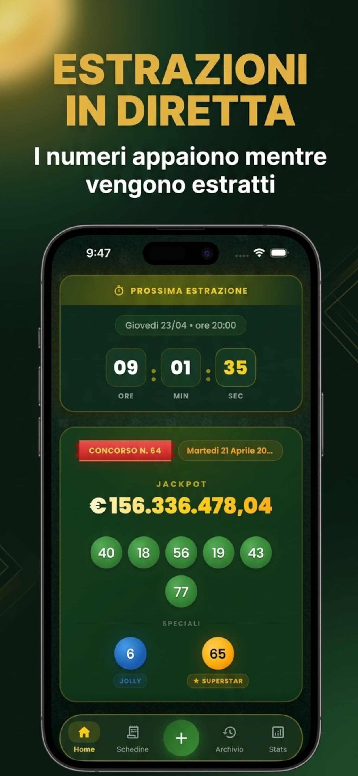 Schermata principale app SuperEnalotto Winner: estrazione in diretta con jackpot